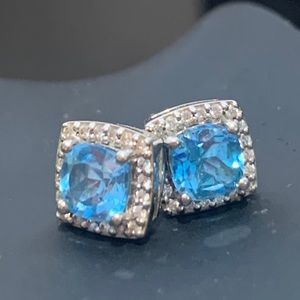 14k gold blue genuine topaz and diamond earrings